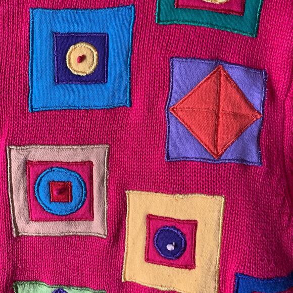 Bechamel Pink Knit Cardigan Sweater Colorful Geometric Squares Button Up Medium - Picture 12 of 16